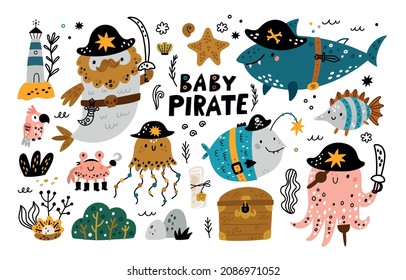 Baby pirate vector set with cute cartoon shark, octopus, crab, jellyfish and underwater elements. Sea animals pirates with swords, map and treasure chest. Ideal for kids room decoration, cloth prints