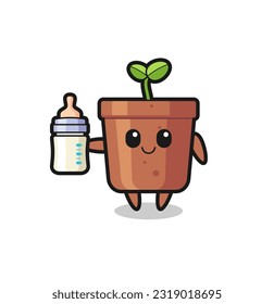 baby plant pot cartoon character with milk bottle , cute style design for t shirt, sticker, logo element