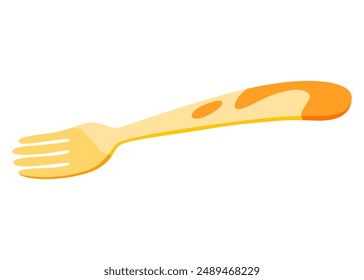 Baby plastic fork icon. Kids toy tools for eating food and toddler feeding on dinner, breakfast or lunch 3D vector illustration on white background. Picnic, kitchen equipment concept