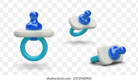 Baby plastic pacifier in different positions. 3d realistic orthodontic pacifier in blue colors for advertising posters. Child growing concept. Vector illustration