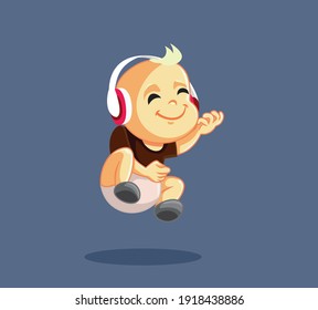 Baby Playing Air Guitar Listening to Rock Music. Happy toddler wearing headphones jumping with excitement
