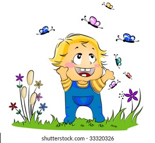 Baby playing with Butterflies - Vector