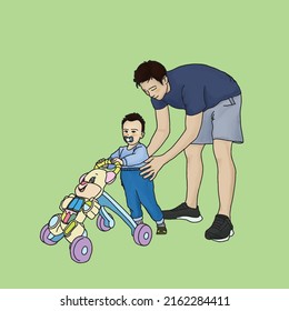 baby playing with daddy | walker toy | walking toy | daddy and son | dad teaching walking
