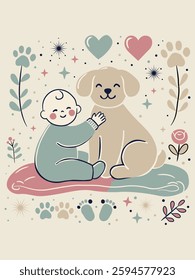 Baby playing with dog cute with funny.Child embraces pet with love and snugness family .Design flat style vector Soft Color.hearts,dog footprints,stars,flowers,leaves on white background illustration.