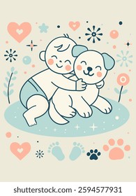 Baby playing with dog cute with funny.Child embraces pet with love and snugness family .Design flat style vector Soft Color.hearts,dog footprints,stars,flowers,leaves on white background illustration.