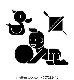 baby playing, duck, baby, ball, whirligig  icon, vector illustration, sign on isolated background