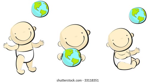 Baby playing with globus.