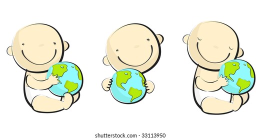 Baby playing with globus. Save your planet