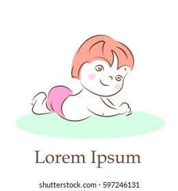 Baby is playing on his stomach. Colorful vector Illustration isolated on white background