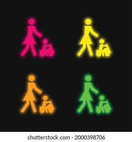 Baby Playing On A Toy Car With His Mother four color glowing neon vector icon