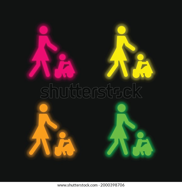 Baby Playing On A Toy Car With His Mother four color\
glowing neon vector icon