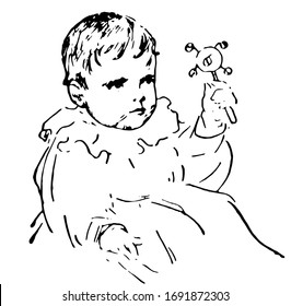 Baby playing with rattle, vintage line drawing or engraving illustration.