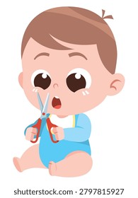 Baby Playing with Scissors Unsafe Behavior and Child Safety Awareness Concept