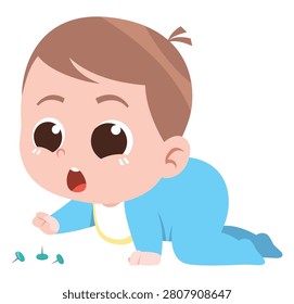 Baby Playing with Thumbtacks Dangerous Behavior Child Safety Awareness Illustration