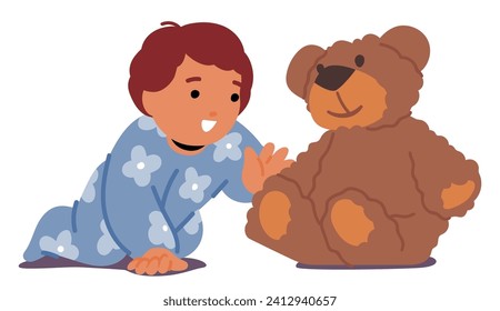 Baby Playing With Toy. Giggles Fill The Room As Tiny Hands Explore Plush Teddy Bear, Its Soft Fur A Sensory Delight. Tender Hugs And Playful Babble Create A Heartwarming Symphony Of Innocence, Vector