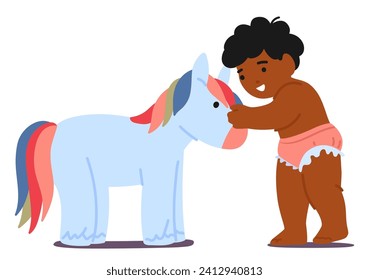 Baby Playing With Toy. Giggles Fill The Air As Tiny Fingers Explore The Velvety Mane And Gentle Eyes Of A Soft Pony. Joyful Babbles Accompany A World Of Soft Textures And Endless Fascination, Vector