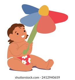 Baby Playing With Toy. Tiny Fingers Grasp A Plush Flower, Exploring Its Softness With Delight. Giggles Fill The Air As The Baby Cuddles The Toy, Forming A Precious Bond Of Joy And Innocence, Vector