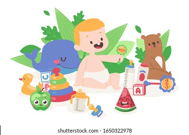 Baby playing with toys, vector illustration. Cute little boy cartoon character surrounded by toys and games. Birthday presents, gifts for newborn kid. Happy childhood, adorable little baby boy