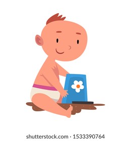 Baby plays with sand and molds cartoon vector illustration