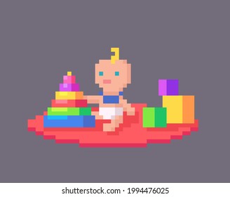 Baby plays with toys. Child character in pixel art style. Cute vector illustration.