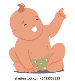 Baby Pointing Gesture Captures The Essence Of Wonder In Tender Pose. Toddler Sitting on Floor, Tiny Finger Extend, Chubby Hand Poised With Curiosity, Fixated On Discovery. Cartoon Vector Illustration