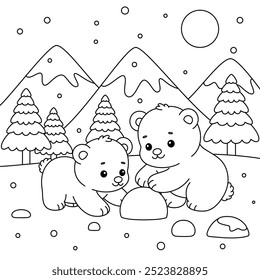 Baby Polar Bear are Playing with Snow Coloring Page. Christmas and Winter Illustration 