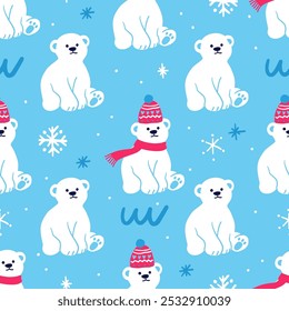 Bebê Polar Urso ilustração vetor padrão sem costura. Urso polar em um lenço vermelho sobre fundo floco de neve