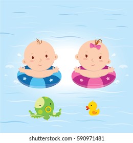 Baby in the pool. Vector illustration of baby boy and girl swimming in the pool.