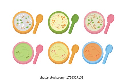 Baby porridge, baby fruit puree, make babies happy to eat lunch and dinner, isolated on white background, cartoon illustration