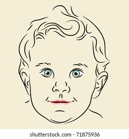 Baby portrait linear drawing with color details full face