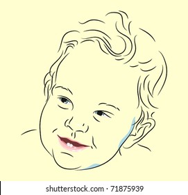 Baby portrait linear drawing with color details