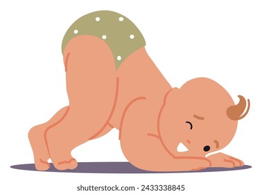 Baby Pose, Little Infant Stands With Buttocks Raised, Forming an Arch. Playful And Relaxing Position. Child Character in Diapers Learning to Use Arms and Legs. Cartoon People Vector Illustration