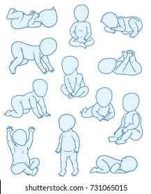 Baby Poses Set, Child Development, Growth Stages. First Year. Vector Icon Silhouette Illustration.