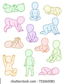 Baby Poses Set, Child Development, Growth Stages. First Year. Vector Icon Silhouette Illustration.