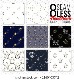 Baby positive pattern set. 8 seamless pattern in simple scandinavian style with animals and stars for toddler toys, cot decoration, playground room.