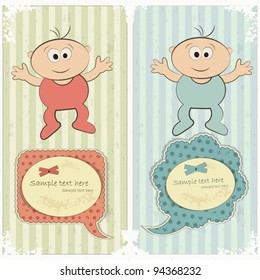 Baby postcard in vintage style - newborn boy and girl - vector illustration