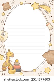 Baby poster with adorable baby toys and things, newborn baby metrics, height, weight, date of birth. Illustration for children s bedroom, cards, wall decorations