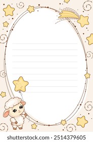 Baby poster with cute sheep with balloon star, newborn baby metrics, height, weight, date of birth. Illustration for children s bedroom, cards, wall decorations.