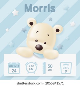 Baby poster, height, weight, time, date of birth with cute bear and icon. Vector illustration on blue background. Newborn announcement party card. "It's a boy"