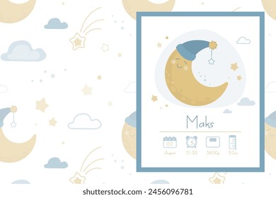 Baby poster, height, weight, time, date of birth with moon and stars. Newborn announcement party card. Newborn baby metrics. Shower card, banner template. Place for text. flat vector illustration