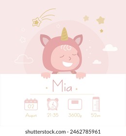 Baby poster, height, weight, time, date of birth with cute baby in unicorn clothes. Newborn announcement party card. It's a girl - shower card, banner template. Poster with baby metrics. flat vector