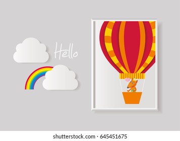 Baby poster. Paper art style. Air balloon in frame