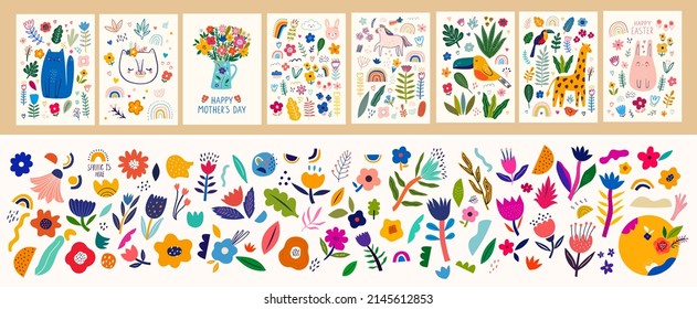 Baby posters and cards with animals and flowers pattern. Vector illustrations with cute animals. Baby illustrations. flower collection with roses, leaves, floral bouquets, flower compositions