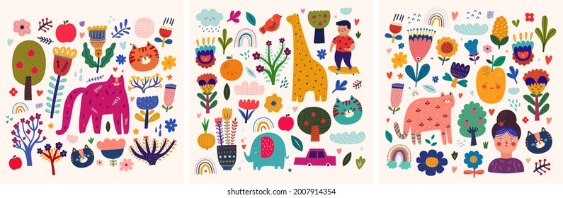 Baby posters collection. Baby animals pattern. Vector illustration with cute animals. Nursery baby pattern illustration