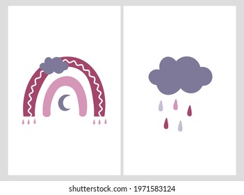Baby posters with rainbow and cloud.  Minimalist scandinavian wall art .