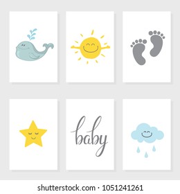 Baby posters set. Vector illustration for kids with cute whale, cartoon sun, happy cloud, sleepy star, lettering word “Baby” and footprint in yellow, blue and grey colors on white background.