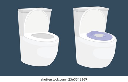 Baby potty vector set in cartoon style with different shapes and colors. Children toilet. Lavatory potty. Baby toilet. Hygiene pot. Baby element flat vector isolated on white background.