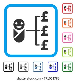 Baby Pound Expenses icon. Flat grey iconic symbol inside a light blue rounded rectangular frame. Black, gray, green, blue, red, orange color additional versions of Baby Pound Expenses vector.