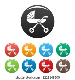 Baby pram carriage icons set 9 color vector isolated on white for any design