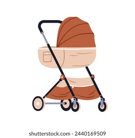 Baby pram, carriage. Kids stroller, pushchair with cradle and canopy, sunshade. Infants transport, trolley, cart for walking, strolling. Flat vector illustration isolated on white background